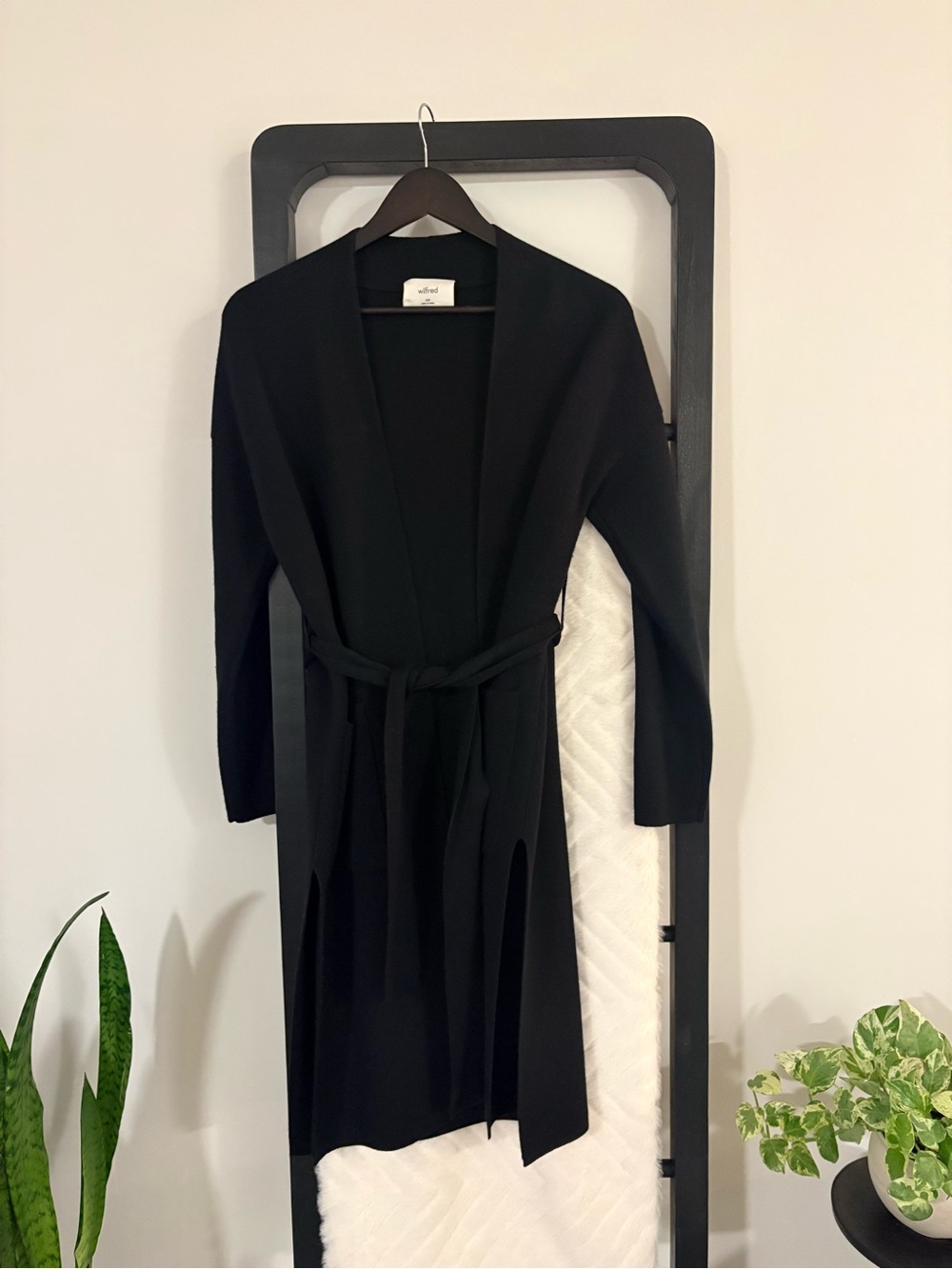 Wilfred Black Belted Open-Front Long Sweater Coat with side slits